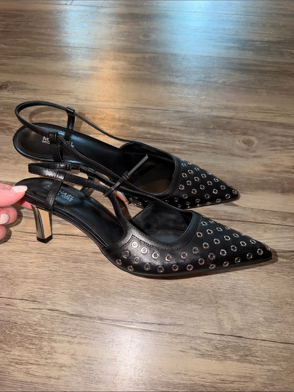Michael Kors Black Pointed Slingback Heels with Silver Eyelet Accents